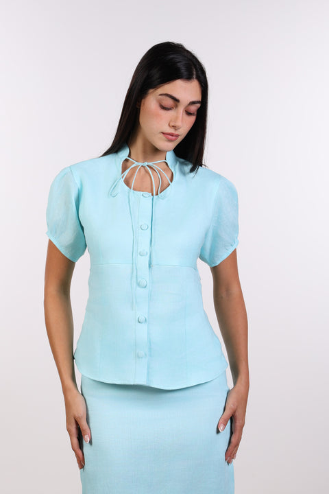 TIE-NECK LINEN SHIRT — WOMENS TEAL