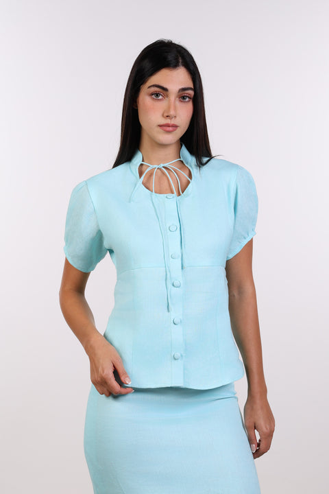 TIE-NECK LINEN SHIRT — WOMENS TEAL
