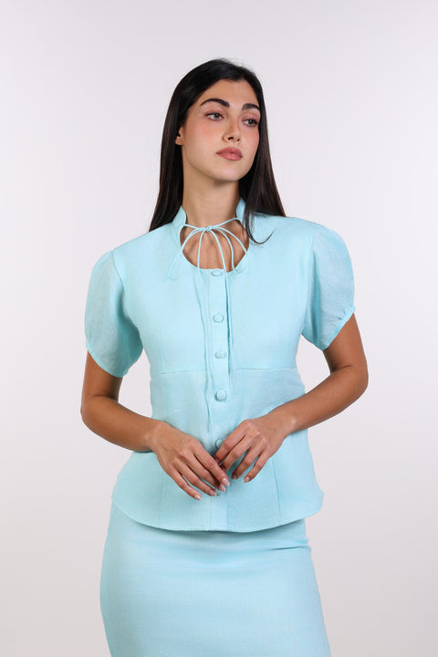 TIE-NECK LINEN SHIRT — WOMENS TEAL