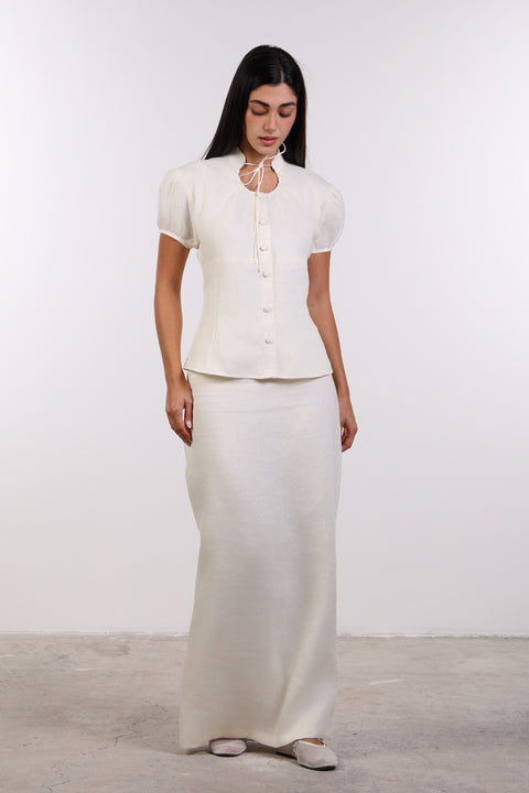TIE-NECK LINEN SHIRT — WOMENS OFF WHITE