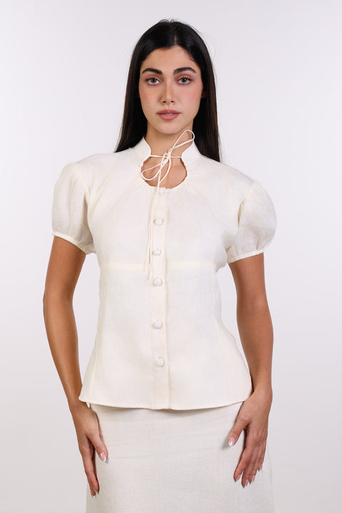 TIE-NECK LINEN SHIRT — WOMENS OFF WHITE
