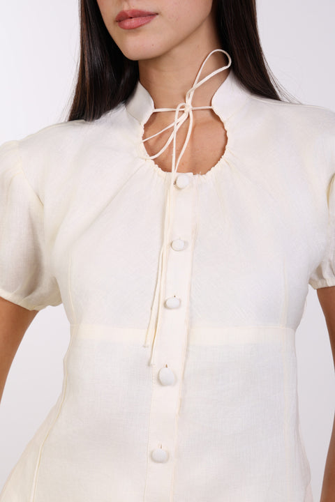 TIE-NECK LINEN SHIRT — WOMENS OFF WHITE