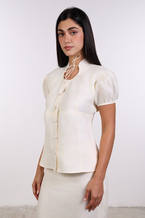 TIE-NECK LINEN SHIRT — WOMENS OFF WHITE