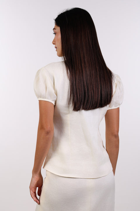 TIE-NECK LINEN SHIRT — WOMENS OFF WHITE