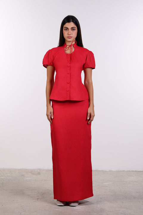 TIE-NECK LINEN SHIRT — WOMENS RED