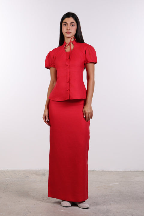 TIE-NECK LINEN SHIRT — WOMENS RED