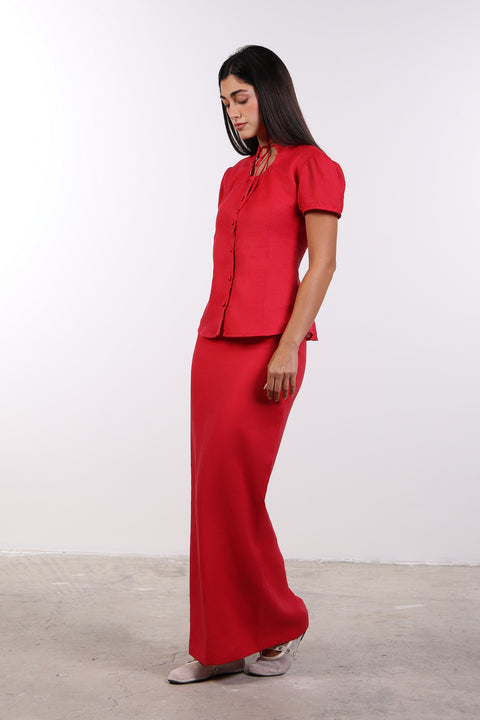 TIE-NECK LINEN SHIRT — WOMENS RED
