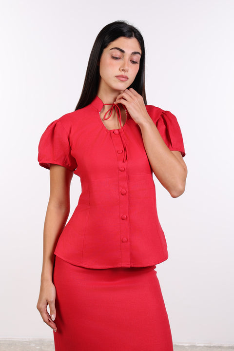 TIE-NECK LINEN SHIRT — WOMENS RED