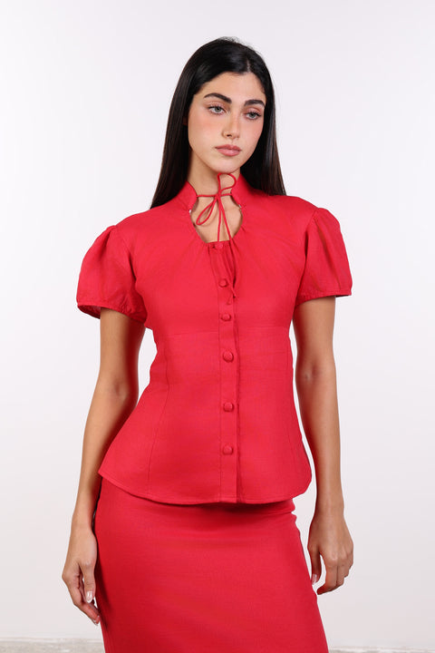 TIE-NECK LINEN SHIRT — WOMENS RED