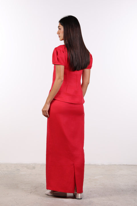 TIE-NECK LINEN SHIRT — WOMENS RED