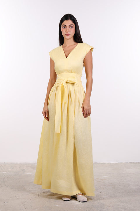 LINEN BOW MAXI DRESS — WOMENS YELLOW