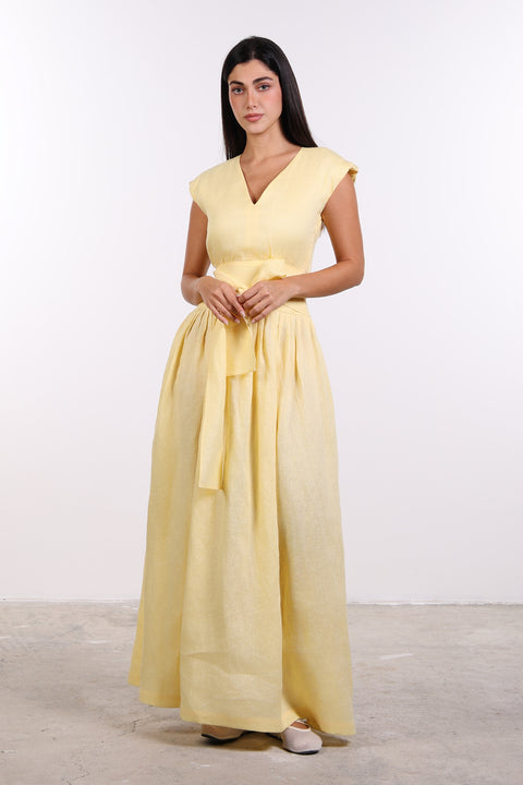 LINEN BOW MAXI DRESS — WOMENS YELLOW