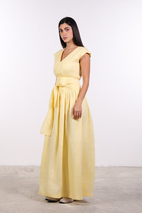 LINEN BOW MAXI DRESS — WOMENS YELLOW