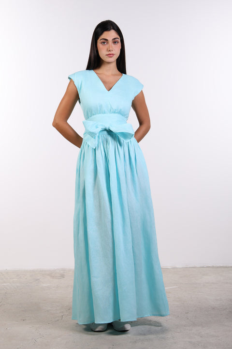 LINEN BOW MAXI DRESS — WOMENS TEAL