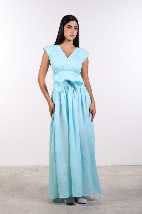 LINEN BOW MAXI DRESS — WOMENS TEAL