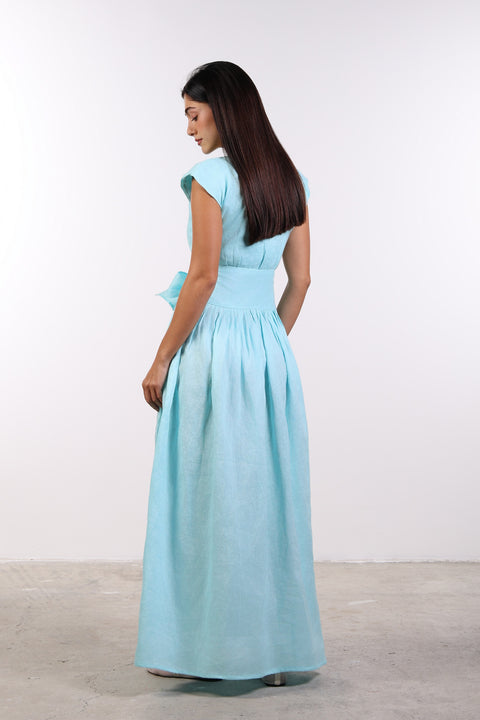 LINEN BOW MAXI DRESS — WOMENS TEAL