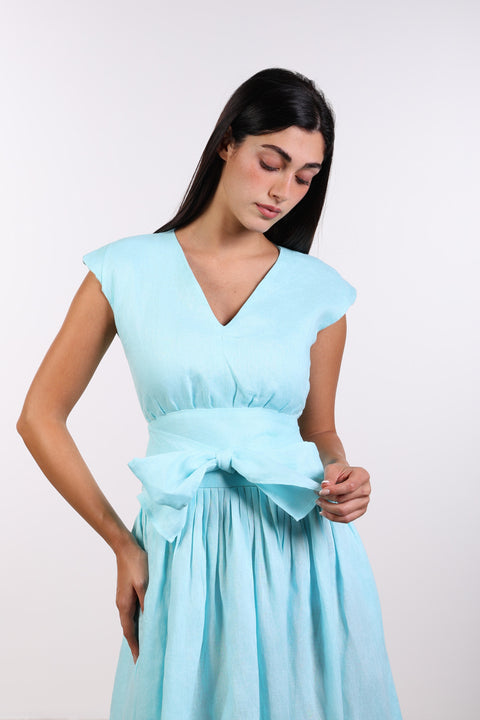 LINEN BOW MAXI DRESS — WOMENS TEAL