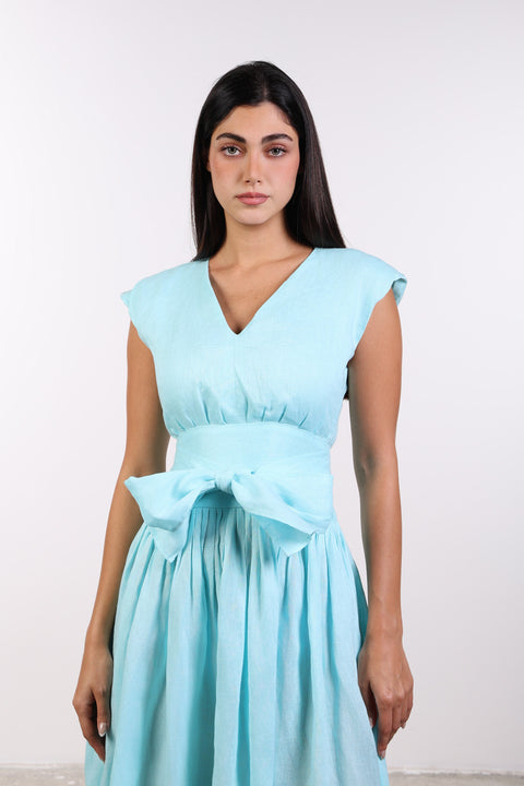 LINEN BOW MAXI DRESS — WOMENS TEAL