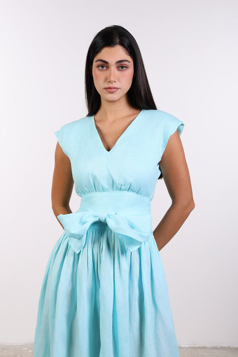 LINEN BOW MAXI DRESS — WOMENS TEAL