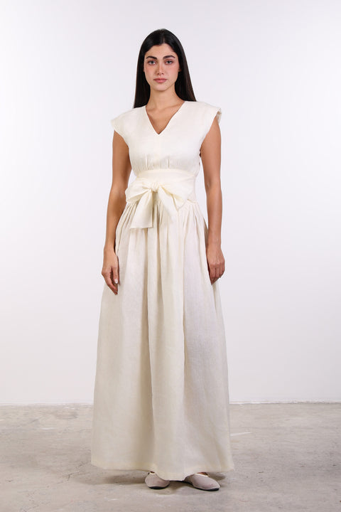 LINEN BOW MAXI DRESS — WOMENS OFF WHITE