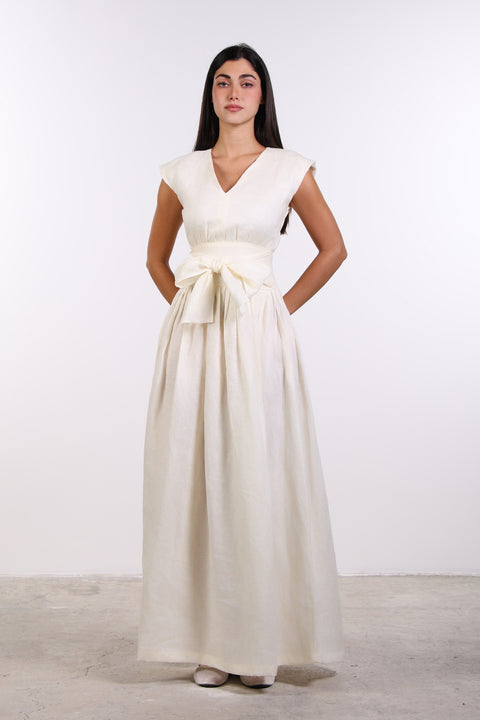 LINEN BOW MAXI DRESS — WOMENS OFF WHITE
