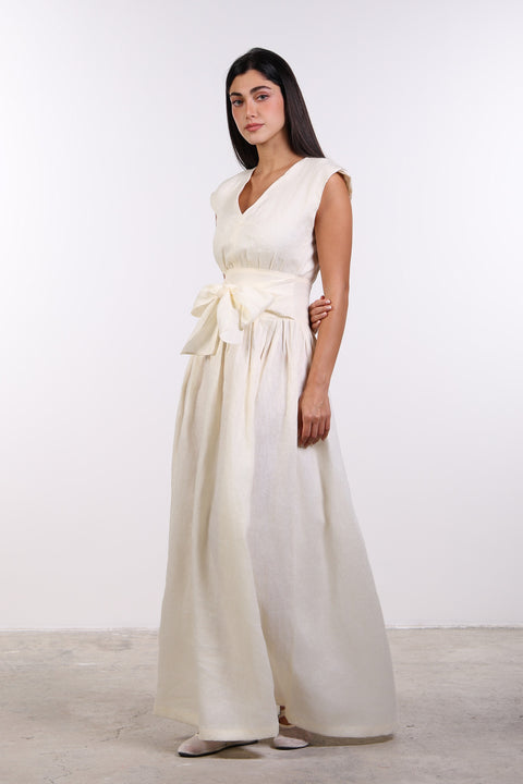 LINEN BOW MAXI DRESS — WOMENS OFF WHITE