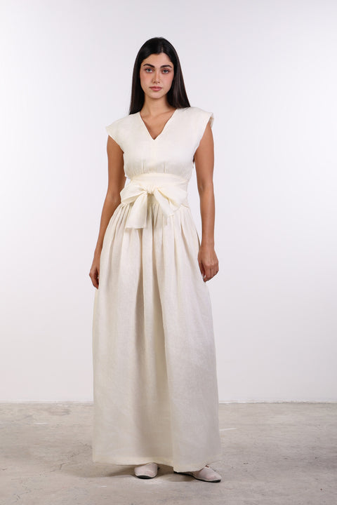 LINEN BOW MAXI DRESS — WOMENS OFF WHITE