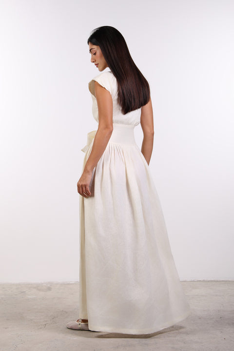 LINEN BOW MAXI DRESS — WOMENS OFF WHITE