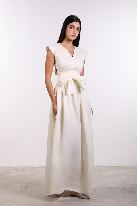 LINEN BOW MAXI DRESS — WOMENS OFF WHITE