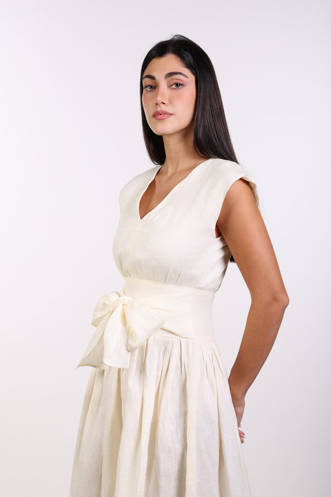 LINEN BOW MAXI DRESS — WOMENS OFF WHITE