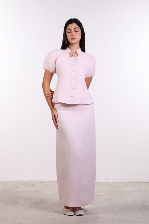 TIE-NECK LINEN SHIRT — WOMENS PINK