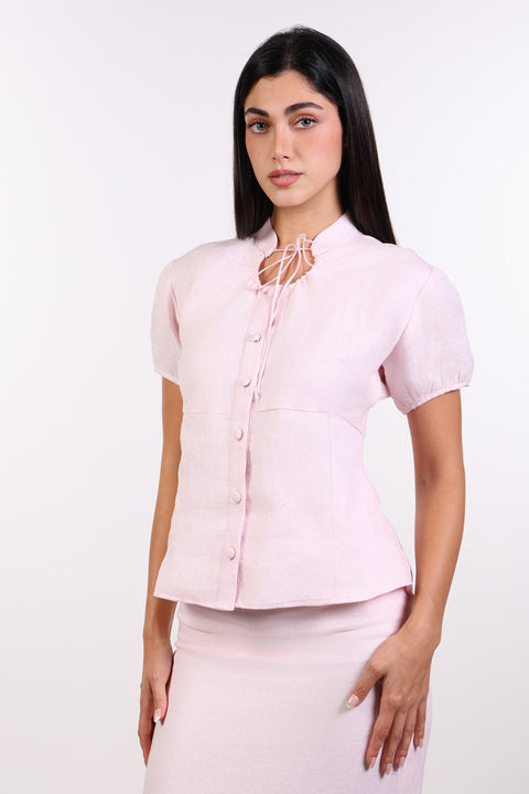 TIE-NECK LINEN SHIRT — WOMENS PINK