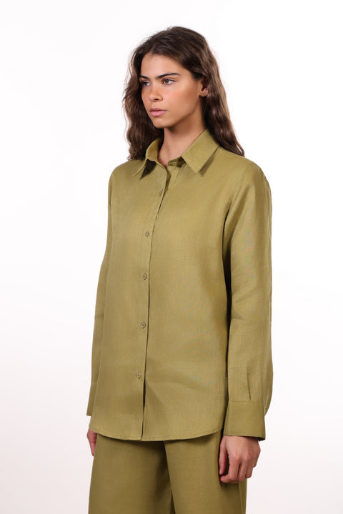 THE CLASSIC LINEN SHIRT  — WOMENS MOSS GREEN