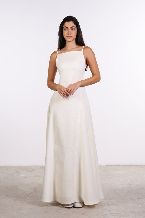 SILK PANEL LINEN DRESS — WOMENS OFF WHITE