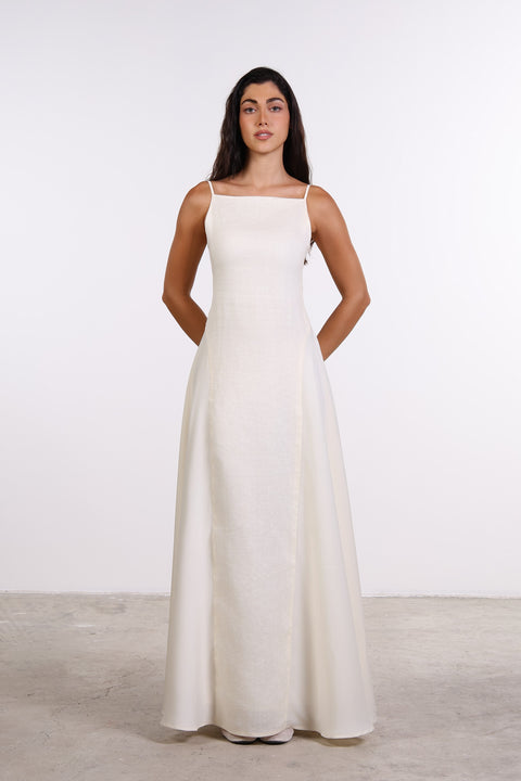 SILK PANEL LINEN DRESS — WOMENS OFF WHITE