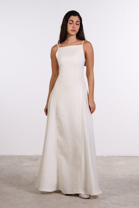 SILK PANEL LINEN DRESS — WOMENS OFF WHITE