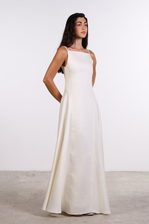 SILK PANEL LINEN DRESS — WOMENS OFF WHITE