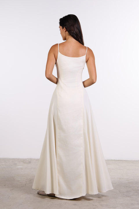 SILK PANEL LINEN DRESS — WOMENS OFF WHITE