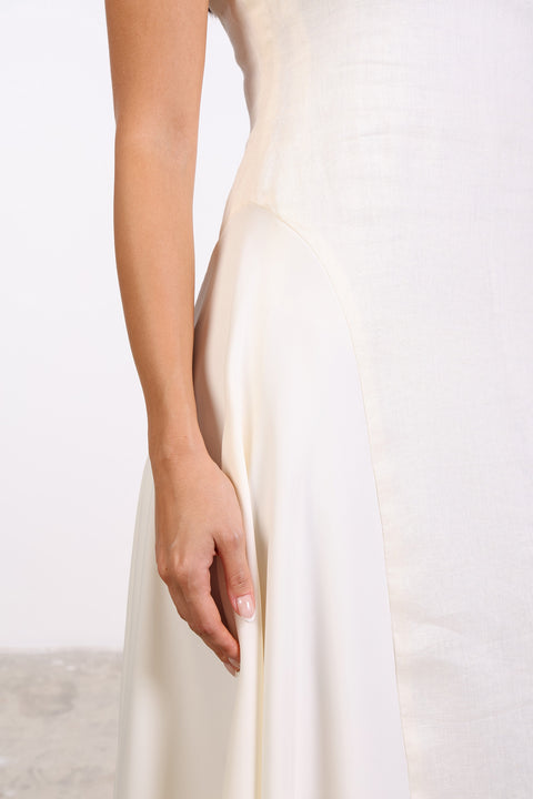 SILK PANEL LINEN DRESS — WOMENS OFF WHITE