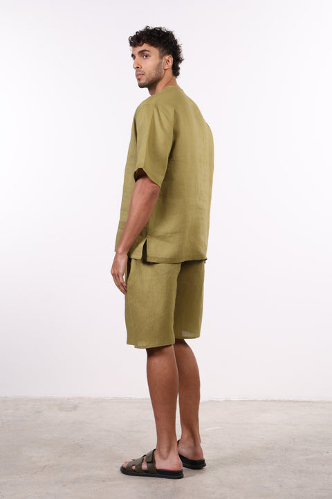 THE SUMMER LINEN HALF SLEEVES SHIRT — MENS MOSS GREEN