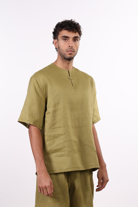 THE SUMMER LINEN HALF SLEEVES SHIRT — MENS MOSS GREEN