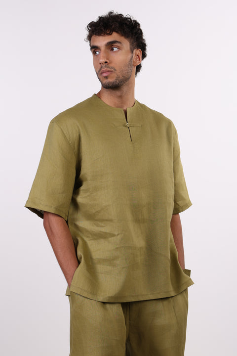 THE SUMMER LINEN HALF SLEEVES SHIRT — MENS MOSS GREEN
