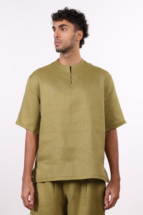 THE SUMMER LINEN HALF SLEEVES SHIRT — MENS MOSS GREEN