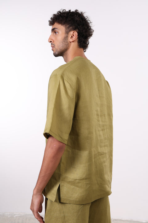 THE SUMMER LINEN HALF SLEEVES SHIRT — MENS MOSS GREEN