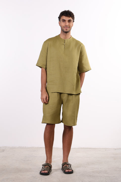 THE SUMMER LINEN HALF SLEEVES SHIRT — MENS MOSS GREEN